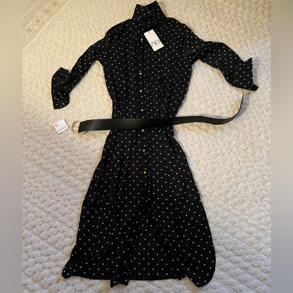 Zara dotted midi black belted dress with gold polka dots